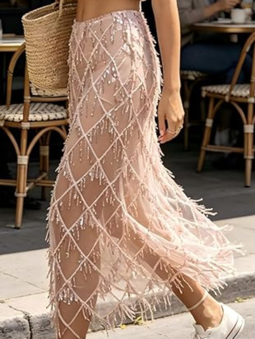 Sheer Mesh Sparkly Tassel Skirt